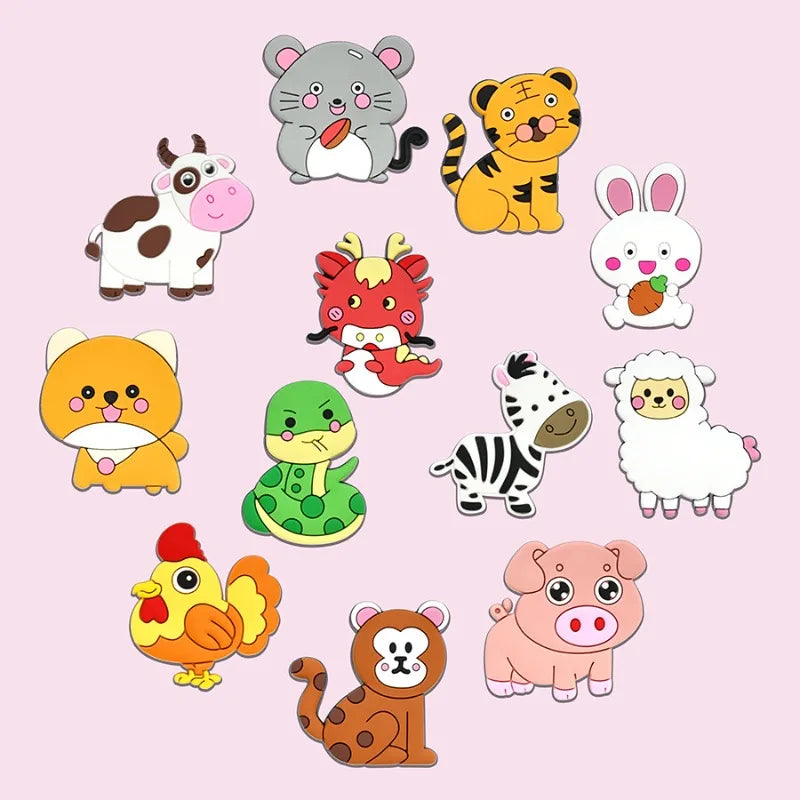 Tejesa 12pcs Cute Animal Fridge Magnets Set with Elephant, Giraffe,Cow, Sheep,Koala,Panda,Frog and so on - Soft Colorful Plastic Decor