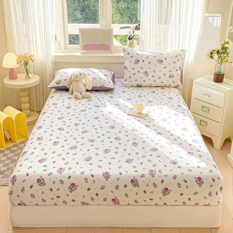 Pure Cotton Fitted Sheet Single Double Queen Size Printed Mattress Cover With Elastic Band Bedsheet Soft Comfortable Fitsheet