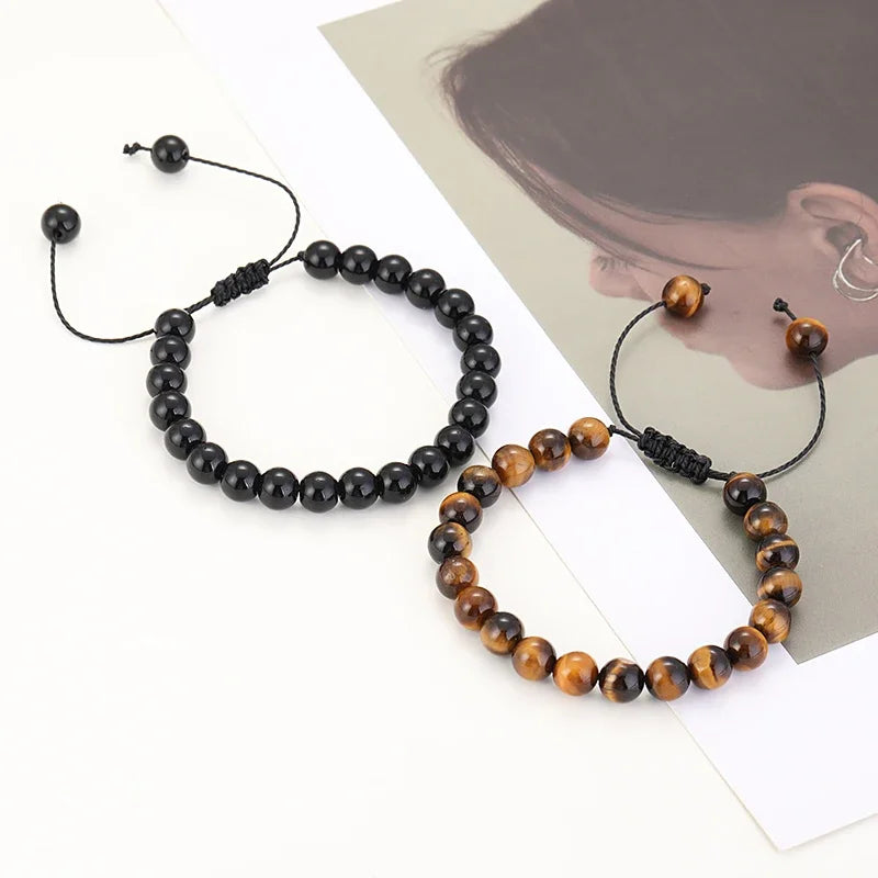 Hemasa Natural Lava Stone Black Stone Tiger Eye Beads Bracelet Adjustable Braided Rope Bracelet Men /Women