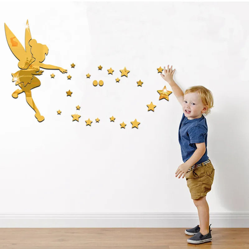 Hemasa 1 Set 3D Fairy Blown Star Plastic Mirror Wall For Girls Room  Stickers with  Glue
