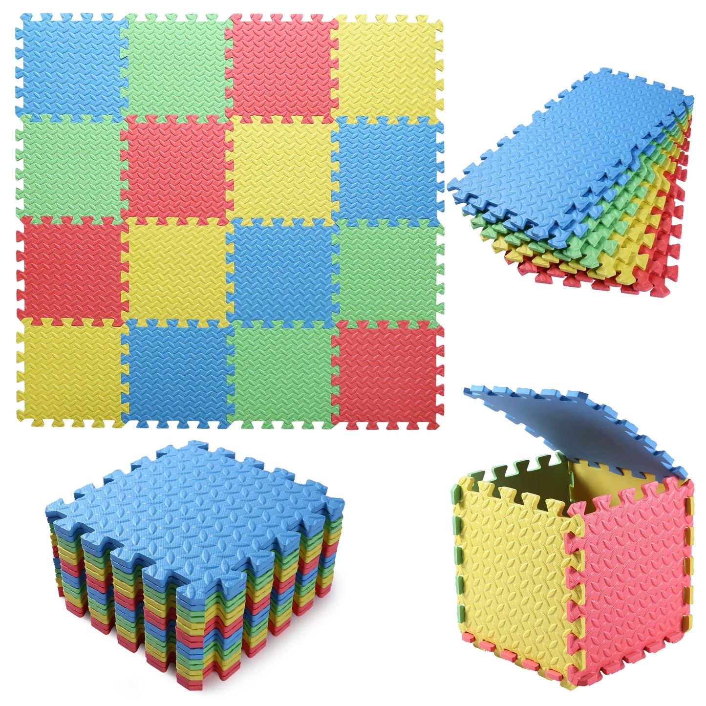 Hemasa 0.4 Inch/16pcs Thick Square Puzzle Mat ,30*30cm EVA Foam Baby Play Mat for Children Room Activities, Red/Yellow/Blue/Green