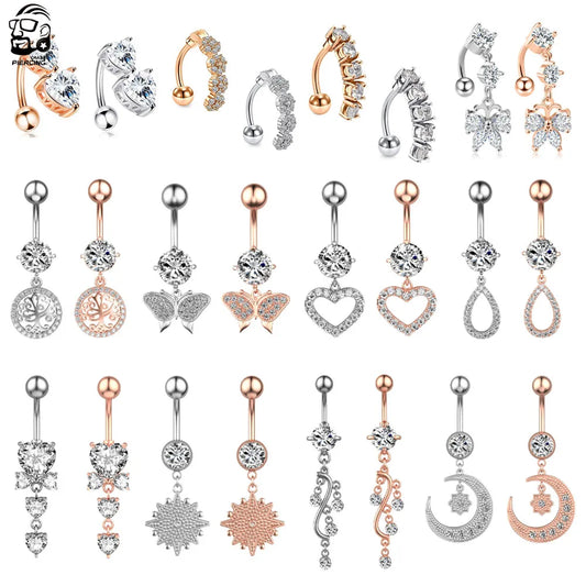 2pcs/lot Butterfly Zircon Hanging Belly Piercing Nombril Sexy Reverse Bar Flower Heart Belly Button Rings for Women Navel Ring