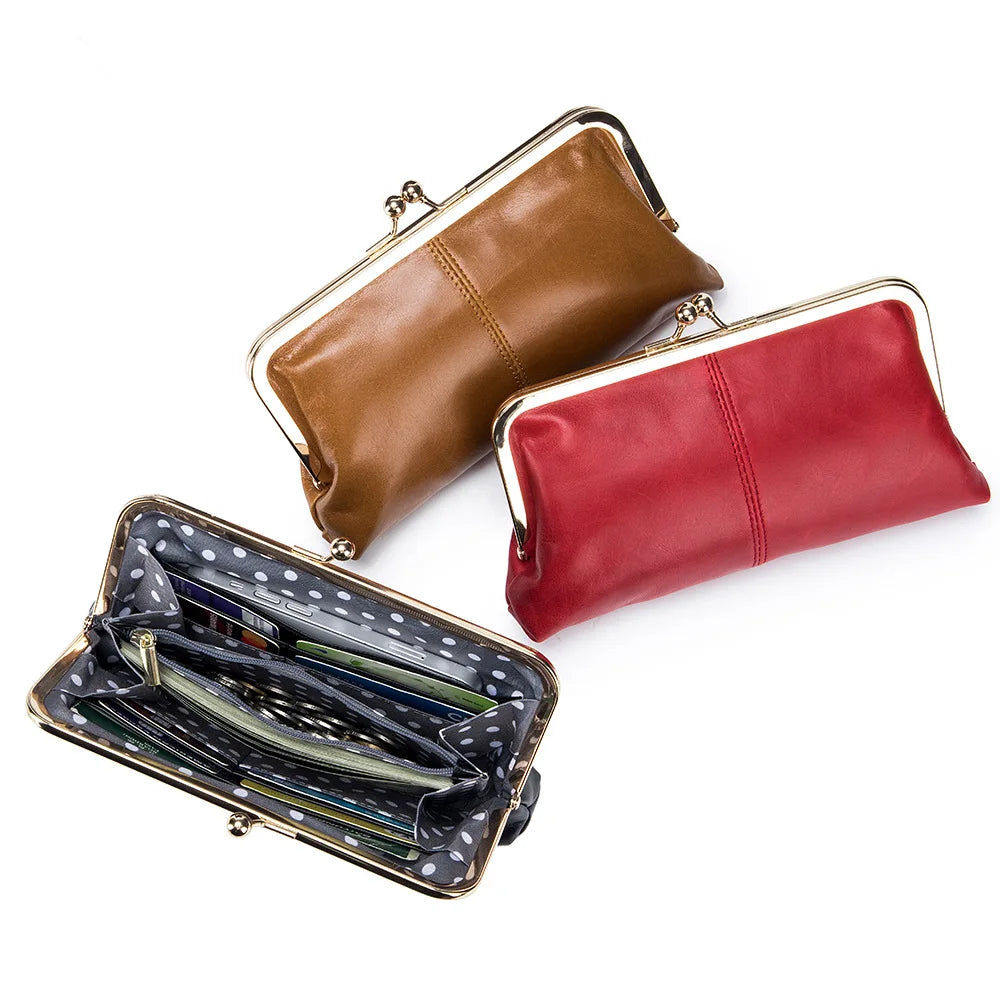 Genuine Leather Long Clutch Wallet Clip Bags Vintage Coin Purse Card Holder Key Lipstick Storage Phone Pouch Case For Women