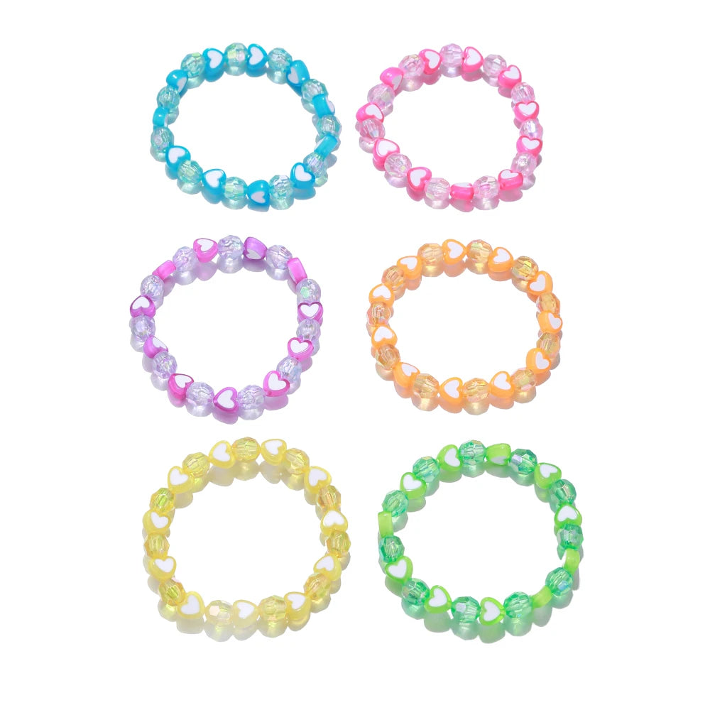 6Pcs/set Handmade Colorful Heart Beads Elastic Bracelet for Daughter Girls Friendship Party Birthday Jewelry Gifts