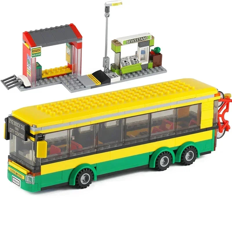 City Car Yellow Passenger School Bus Station Single-Deck Public Set Figures Model Building Blocks DIY Toys For Children Gifts