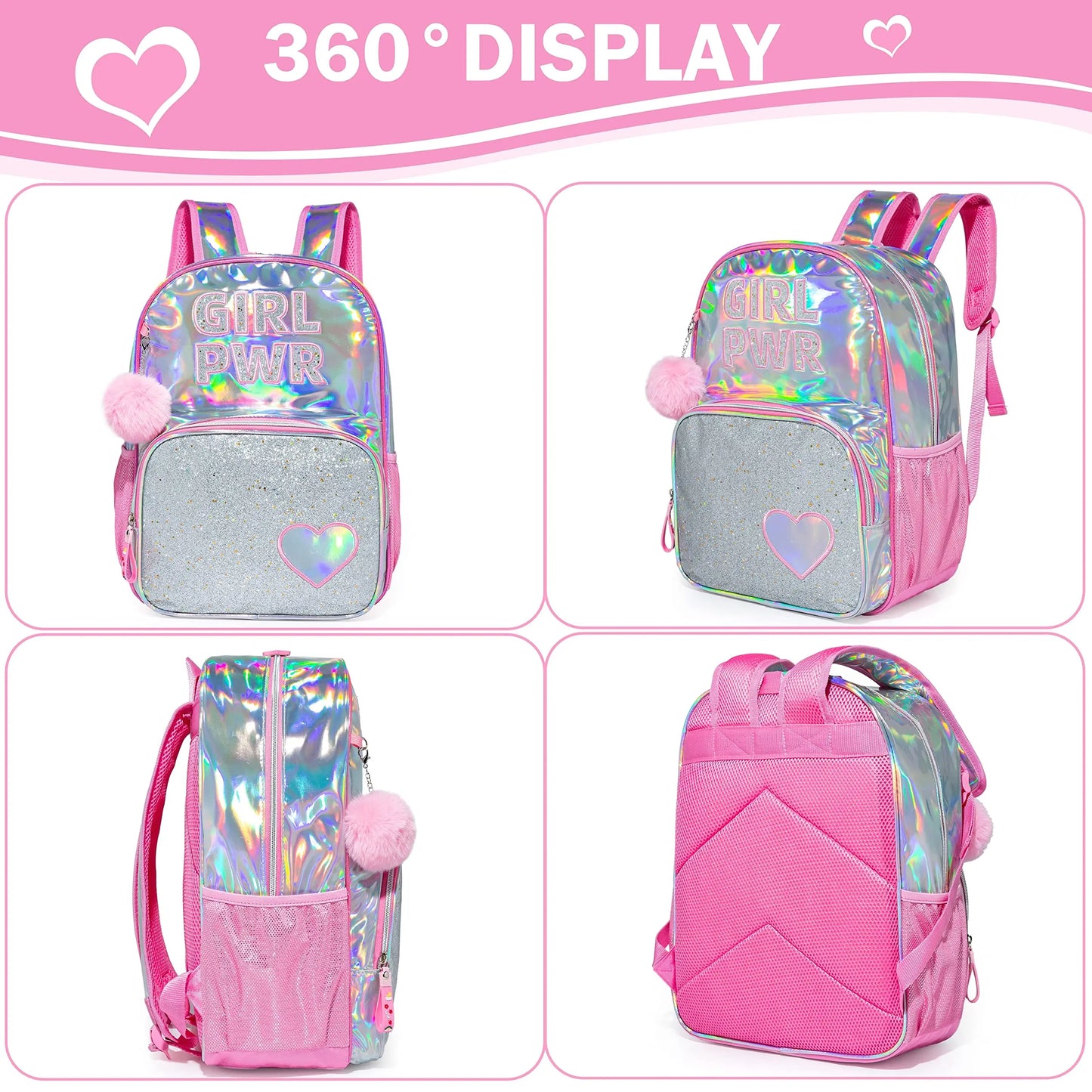 Backpack for Girls School Backpacks Kids Clear Bookbag for Elementary Kindergarten Students Full Size Travel Bag with Lunch Box