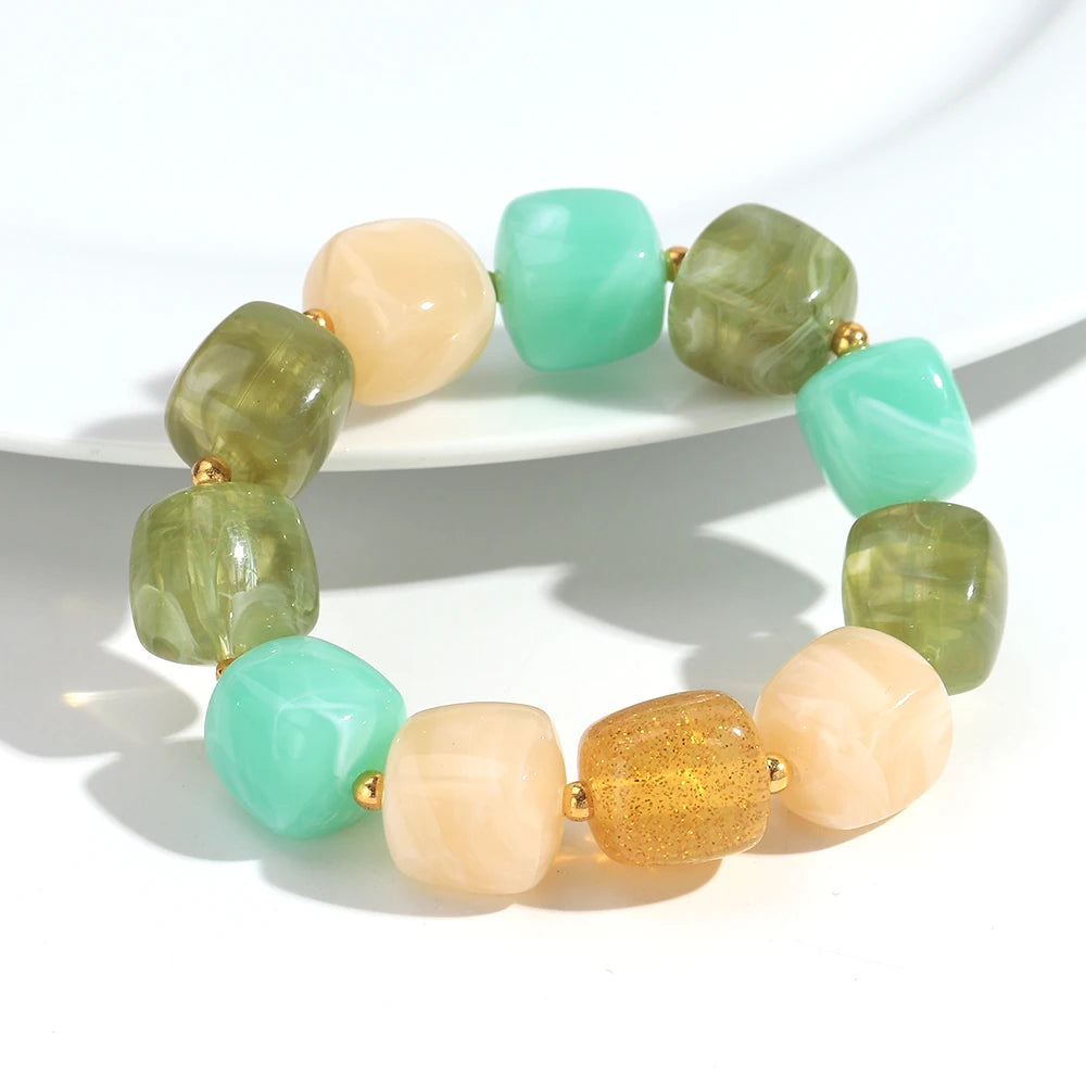 New Multicolor Acrylic Geometric Bead Bracelet for Women Trendy Resin Irregular Square Elastic Bracelets Handmade Jewelry Gift