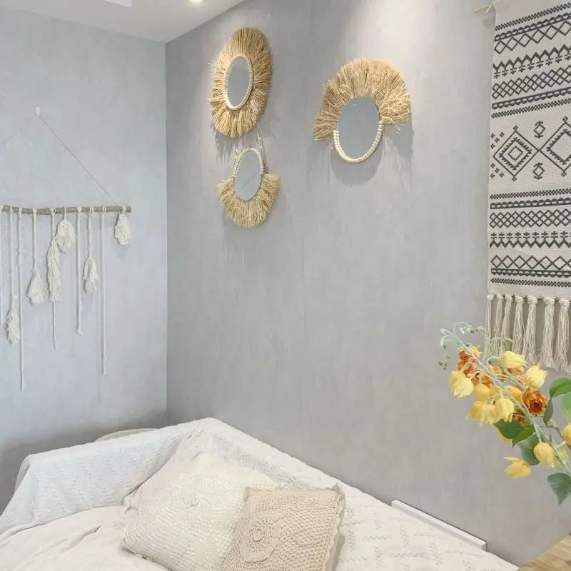 INS Moroccan Wood Bead Straw Woven Mirror Wall Ornaments Living Room Background Bedroom Mirrors Boho Homestay Home Decor Crafts