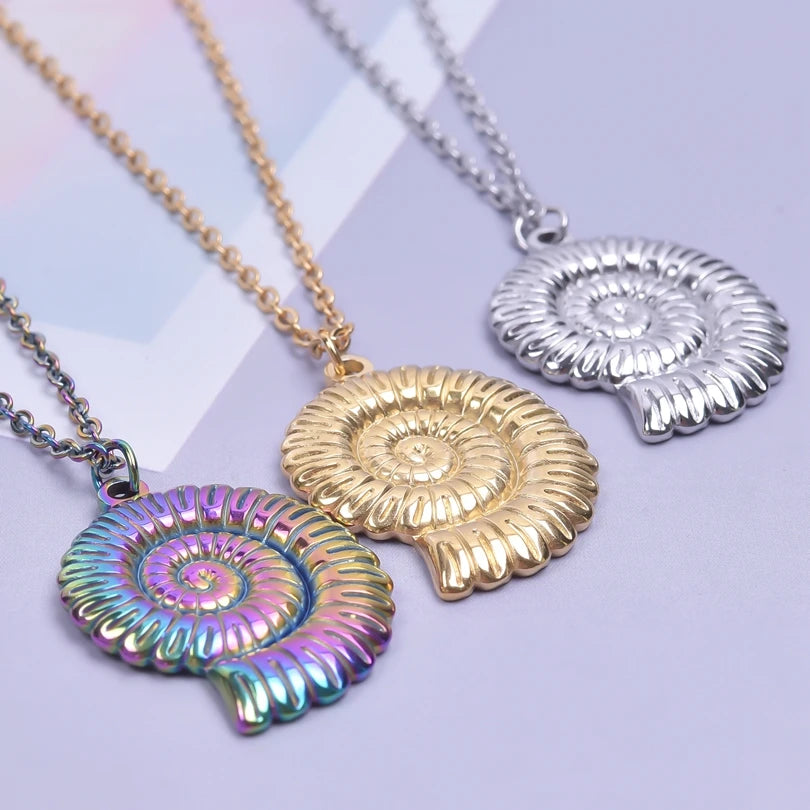 Fashion Conch Round Coil Thread Necklace For Women Stainless Steel Pendant Trendy Rainbow Collar Long Chain Choker  Jewelry