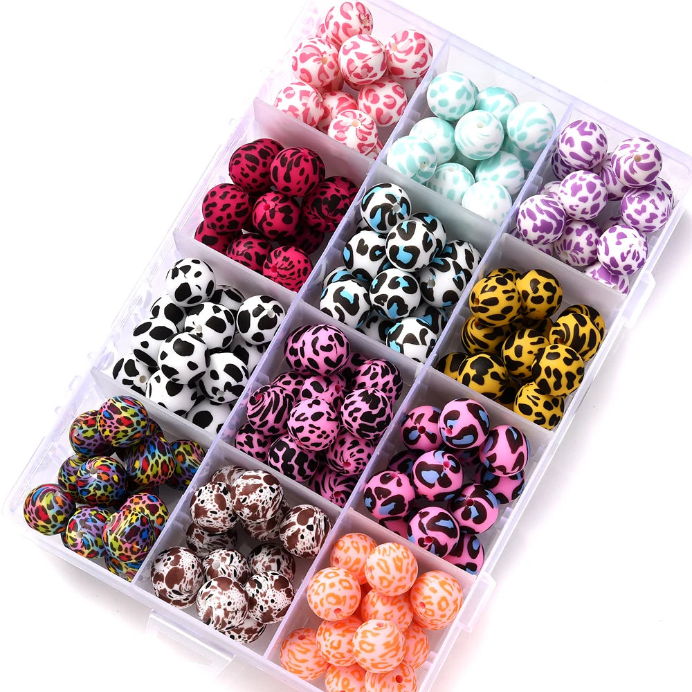 15mm 10Pcs Printed Silicone Beads Chewing Bead DIY Charms Newborn Nursing Accessories Necklace Pacifier Chain Teething Toy