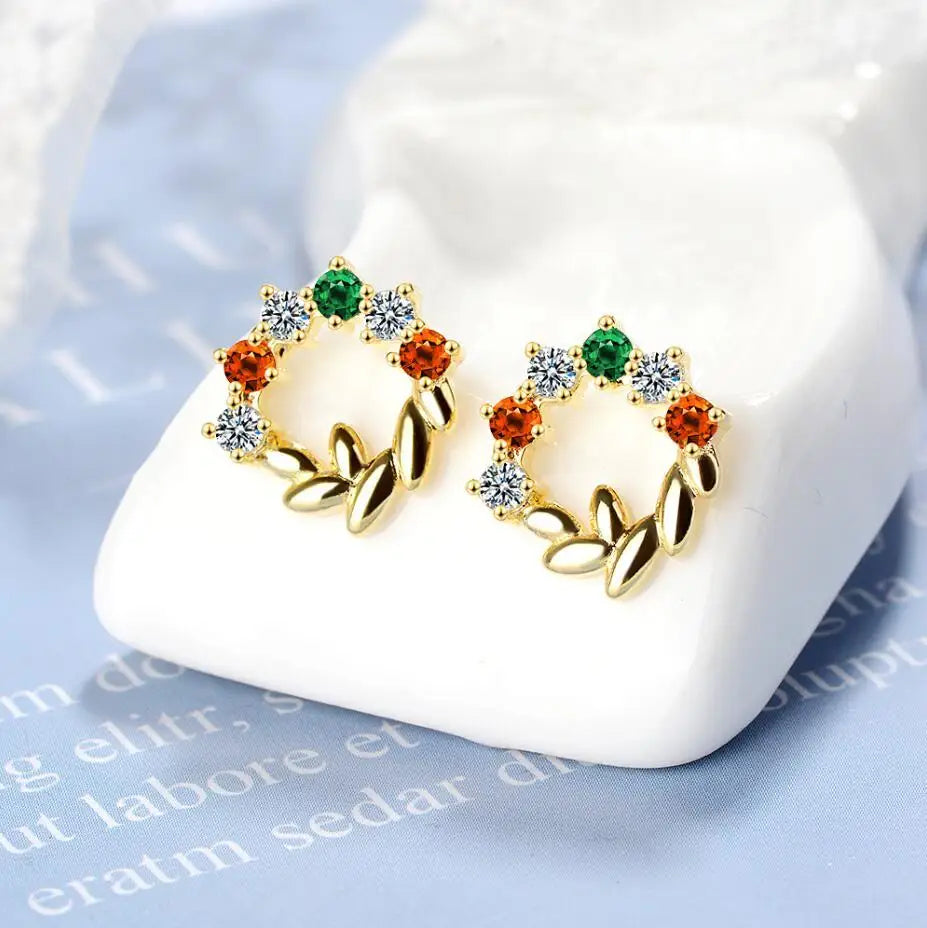 Real 925 Sterling Silver Zircon Round Crystal Leaves Stud Earrings Gold Color Fine Jewelry For Women Accessories