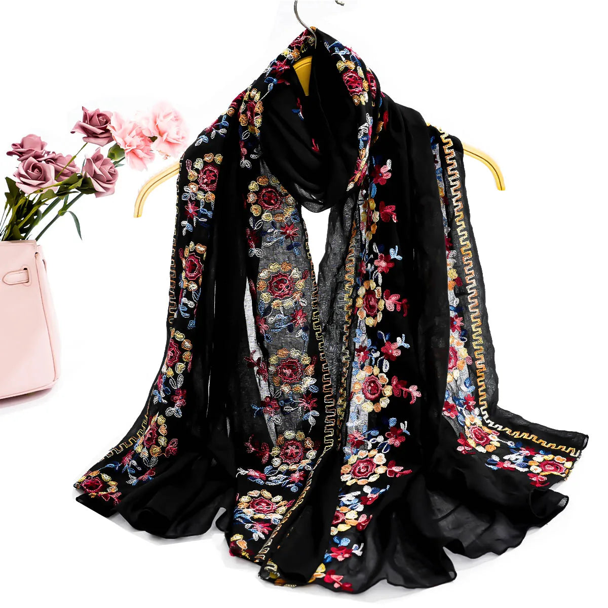 A women's fashionable embroidered embroidered soft edged thin scarf shawl