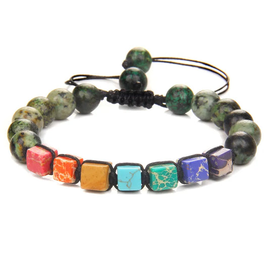Tejesa Square Beads 7 Chakra Wrap Bracelets For Men Adjustable Braided Bracelet Green African Stone Lava Labradorite Handmade Jewelry