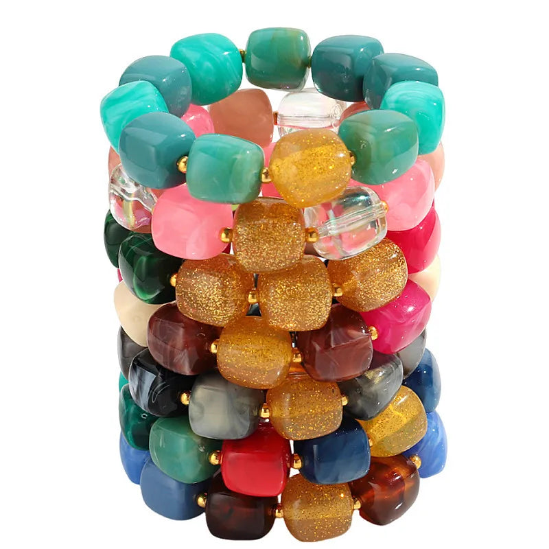 New Multicolor Acrylic Geometric Bead Bracelet for Women Trendy Resin Irregular Square Elastic Bracelets Handmade Jewelry Gift