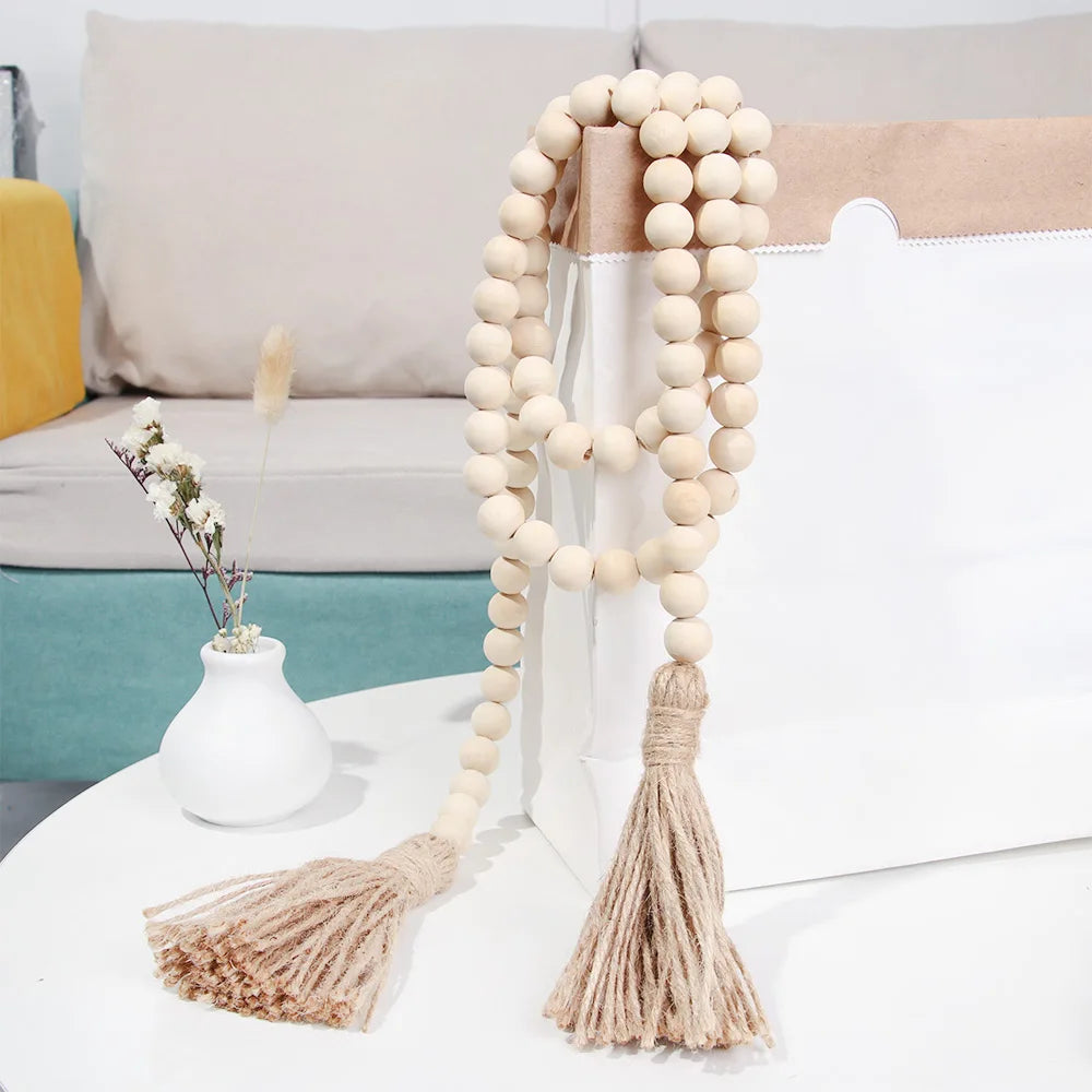 Wood Bead Garland with Jute Rustic Boho Tassels String DIY Wall Hanging Handmade Garland Farmhouse Home Decor Ornament Gift