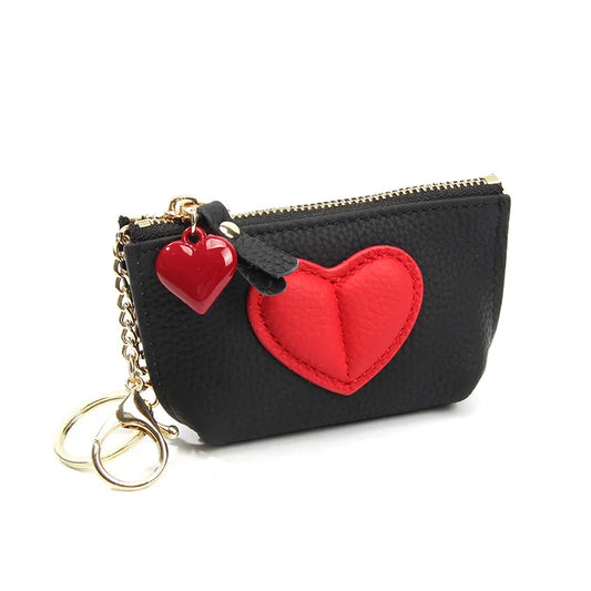 Tejesa Women's Soft Leather Coin Purses with KeyChain /Small Zipper Coin Pouch for Women Heart Pendant Zero Wallet Zipper Pocket