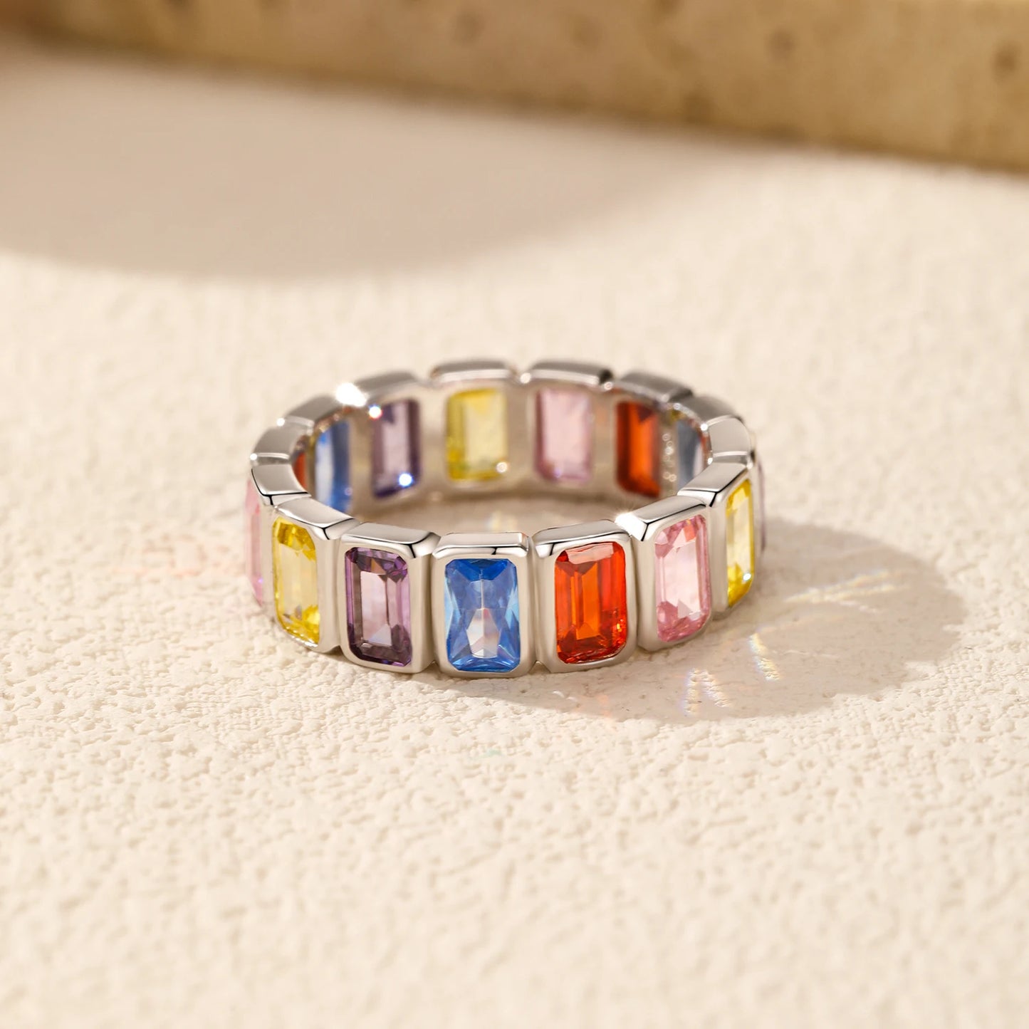 MODIAN 925 Sterling Silver Luxury Sweet Rectangle Colorful CZ Eternity Band Ring For Women Party Stackable Fine Jewelry