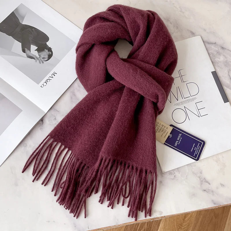 China Red Pure Wool Scarf Women's Autumn and Winter Warm Mother Scarf Light Luxury High-end Fringed Shawl