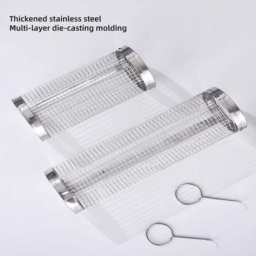 Tejesa BBQ Basket Stainless Steel Rolling Grilling Basket Wire Mesh Cylinder Cylindrical Portable Round Outdoor Camping Barbecue Rack