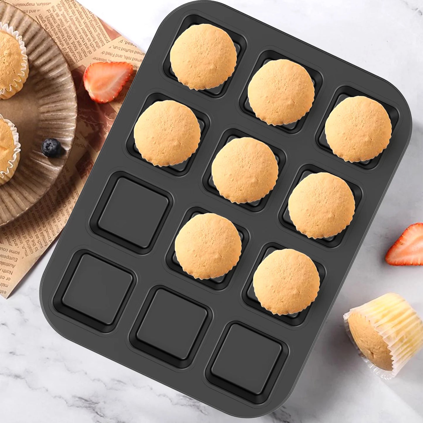 Tejesa 12 Cavity Square Muffin Tin Tray Non-Stick Mini Muffin Baking Pan Multipurpose Sturdy Square Muffin Tin Tray Bakeware Mold