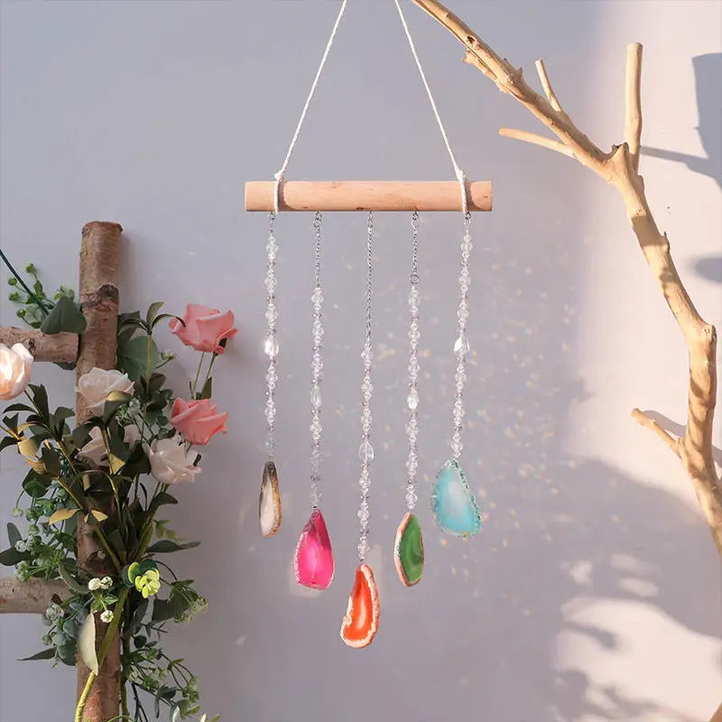 Natural Raw Stones 7 Chakras Crystals Reiki Healing Wooden Hanging Ornament Gemstones Suncatcher Home Decor for Yoga Meditation