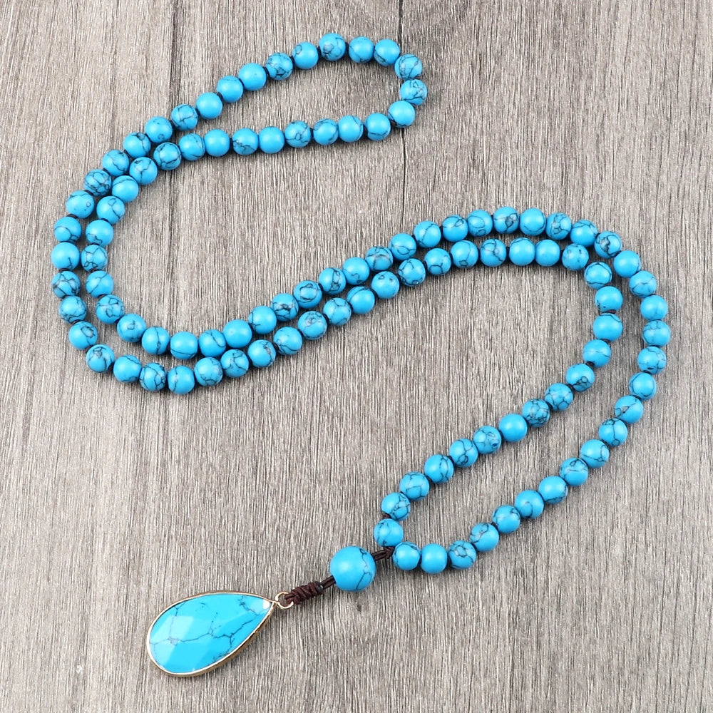 New Simple Pendant Necklaces 108 Mala Natural Blue Pine Stone Beads Meditation Necklaces Handmade Women Bohemia Jewelry Gift 6mm