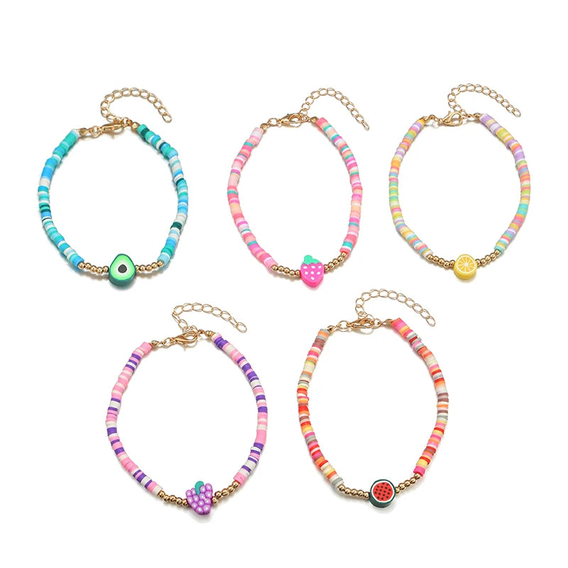 Hemasa 5Pcs/set Polymer Clay Fruit Charm Handmade Anklet for Teens Girls Women Bracelet Friendship Party Birthday Jewelry Gifts