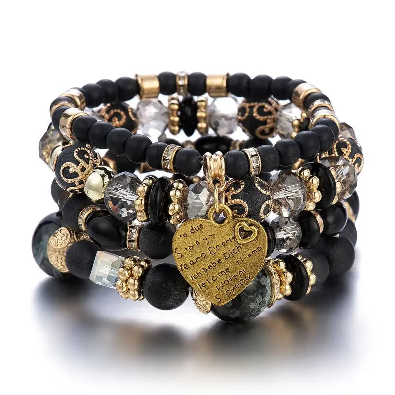 4Pcs Boho Crystal Beads Chain Bracelet Set For Women Vintage Heart Charm Elastic Bangle Female Fashion Party Jewelry