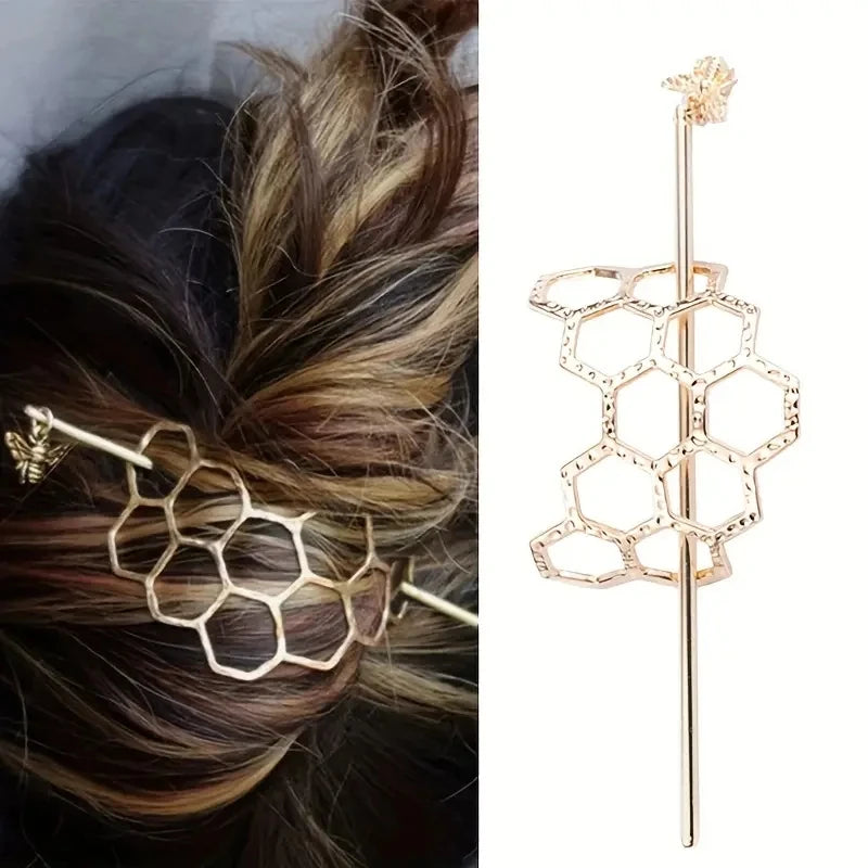 Tejesa Honeycomb Hairpin Bee Twist Headwear Honeycomb Hair Fork MetalHair Bun Cage With Stick For Women Girls, Ideal Choice for Gifts