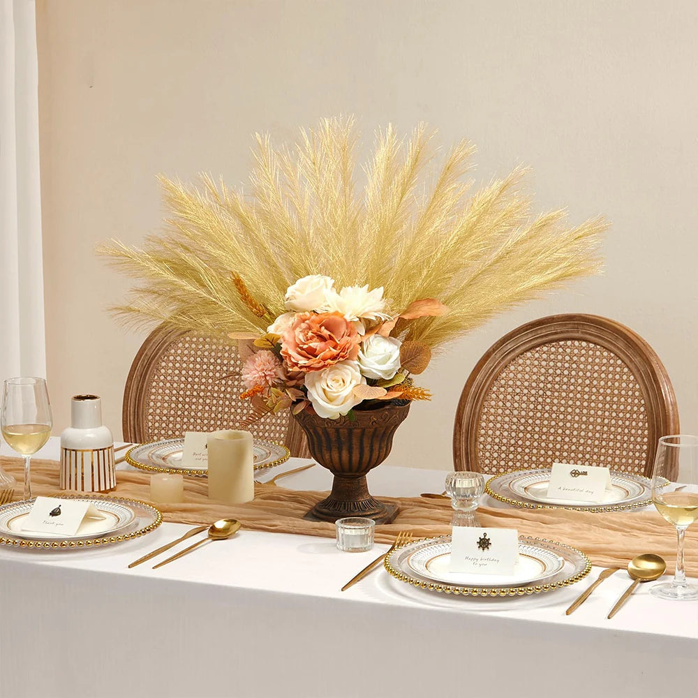 Tejesa 10Pcs 55cm Gold Colour  Fluffy Faux Pampas Grass Wall Decor Reed Vase Fillers Party Table Decorations Room Home Decor Artificial Pampas Grass