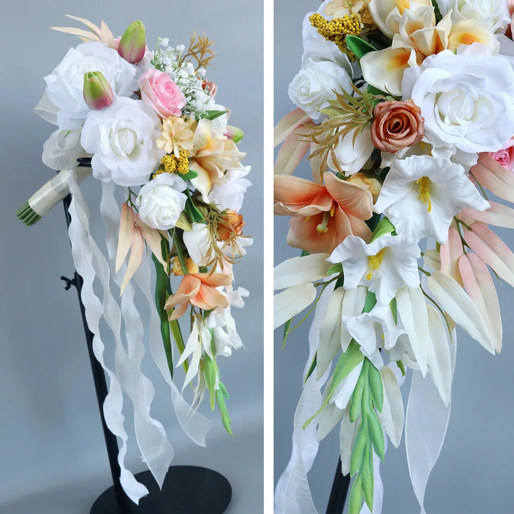 Tejesa Rustic Cascading Wedding Bouquets for Bride /Artificial Flower Waterfall Bridal Bouquet for Wedding