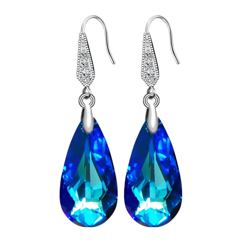 Luxury Drop Blue Crystal Drop Earrings for Women Silver Color Earrings Party Birthday Gift Earring Jewelry Pendientes Mujer