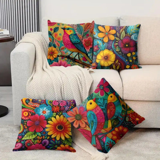 4pcs Colorful Bird Floral Pillow Covers Velvet Polyester Cushion Cases Boho Art Decorative Throw Pillows Home Decor