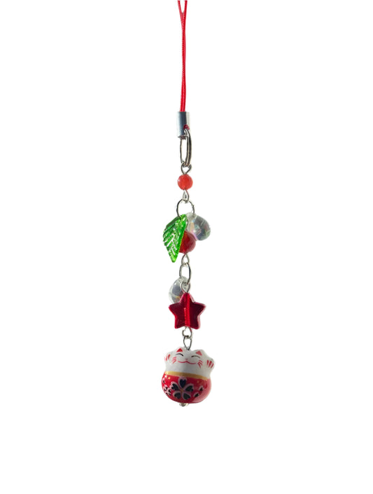 Hemasa Red Colour Red lucky cat phone charm | phone accessories | cat charm | leaf charm  beaded phone charm