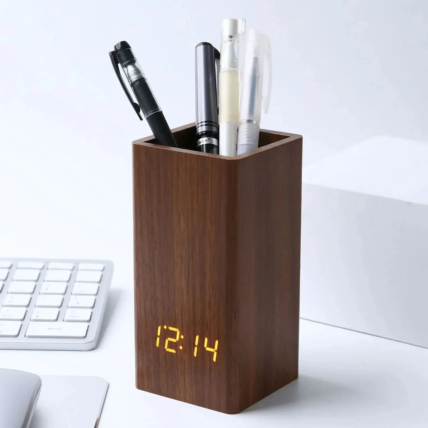Tejesa Pencil Organizer Pen Holder Alarm Creative Simple Desktop Wooden Clock  Led Time Temperature Date Display Clock Home Decor