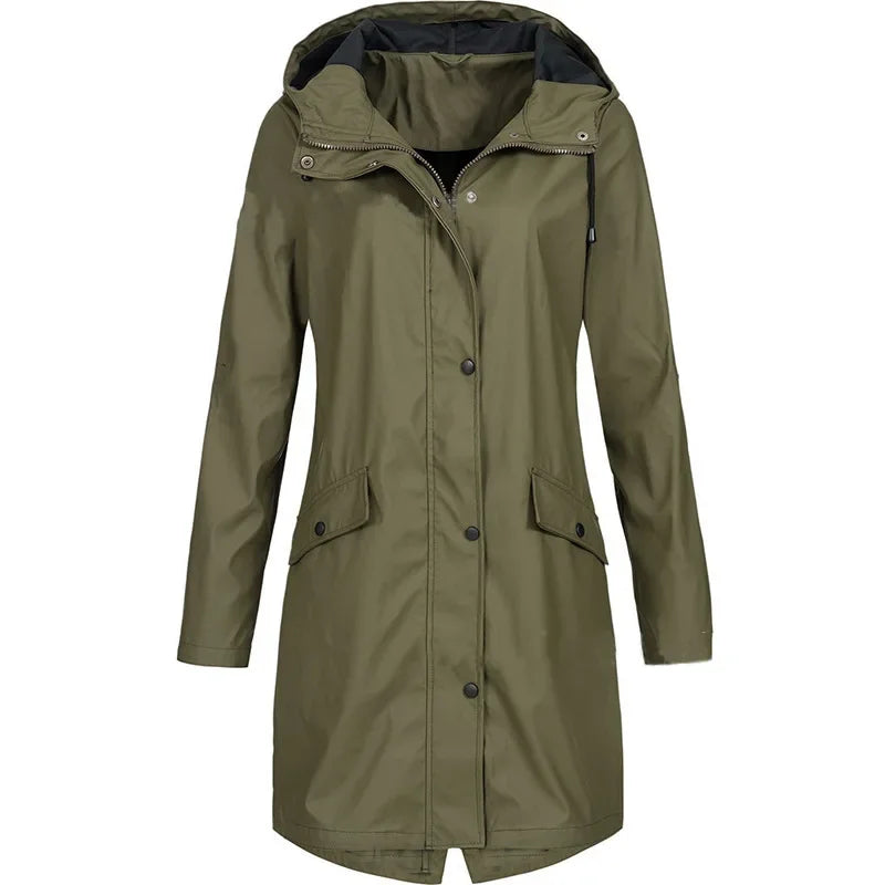 2024 New Arrival Women Clothes Solid Rain Waterproof Jacket Coat Outdoor Hoodie Long Overcoat Plus Size Duster Coats For Women