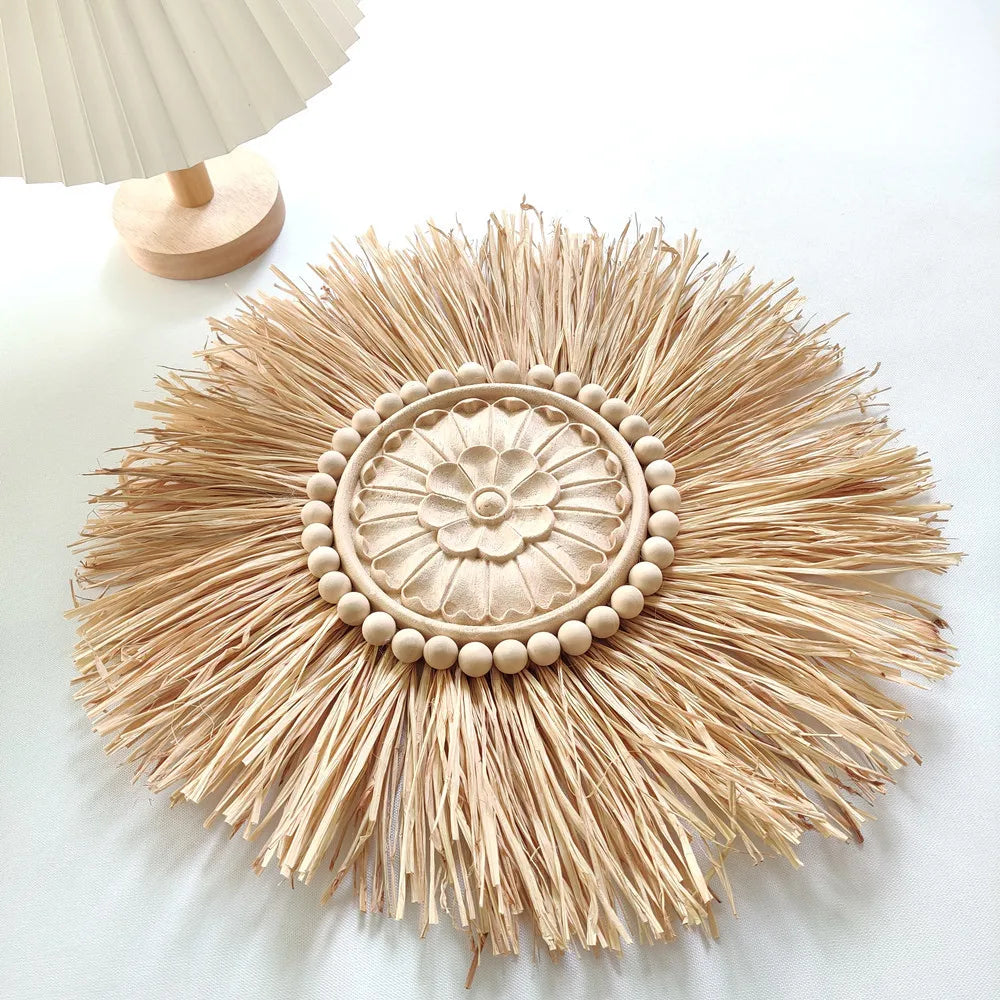 INS Boho Handmade Woven Straw Wall Decor Moroccan Wood Beads Wall Hanging Ornament Round Nordic Home Decoration for Living Room