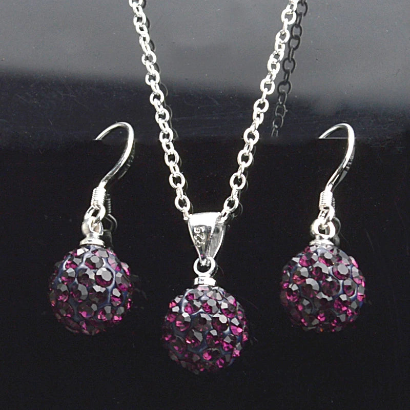 Brand Female Jewelry Set Women's Fashion Ab White Crystal 10mm Ball Drop Earrings Necklace Pendant Set Silver Color Wholesale