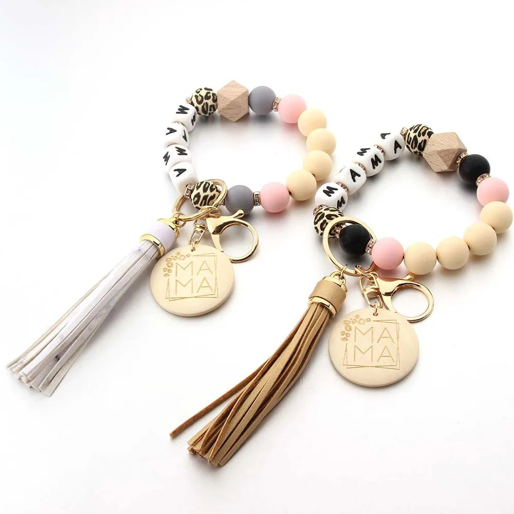 Fashion Round Wooden MAMA Pendant Tassel Keychain Silicone Ball Dice Woven Bag Charm Chain For Mother's Day gift