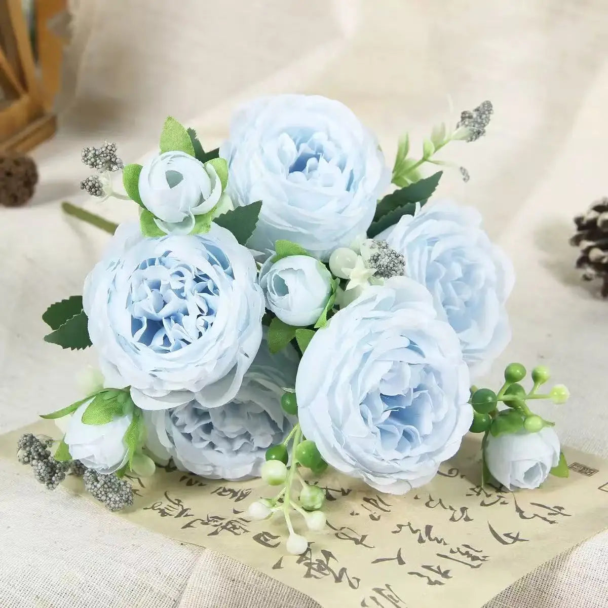 30cm Rose Pink Silk Peony Artificial Flowers Bouquet 5 Big Head and 4 Bud Cheap Fake Flowers for Home Wedding Decoration indoor