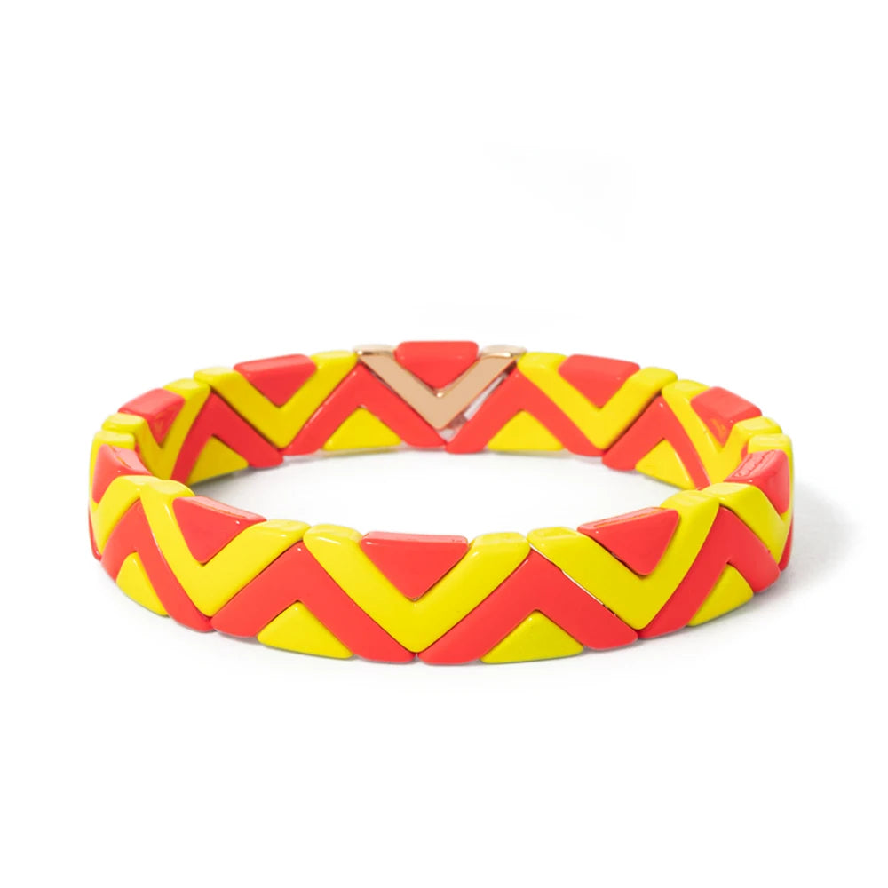 Tejesa Yellow Red Color  Enamel Tile Beads Bracelets For Women /Hand Jewelry Charms Beach Elastic Bangle For Party Luxury