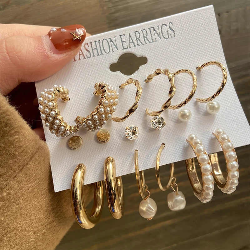 Hemasa  9Pairs/Set Bohemia Geometric Hoop Earring Set Vintage Boho Chain Pearl Earrings Women Star Heart Zircon Ear Studs Jewelry