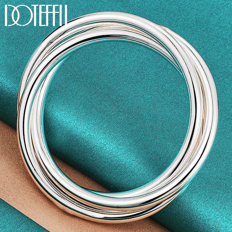 DOTEFFIL 925 Sterling Silver Three Lines Smooth Bangle Bracelet For Women Man Fashion Wedding Engagement Party Jewelry