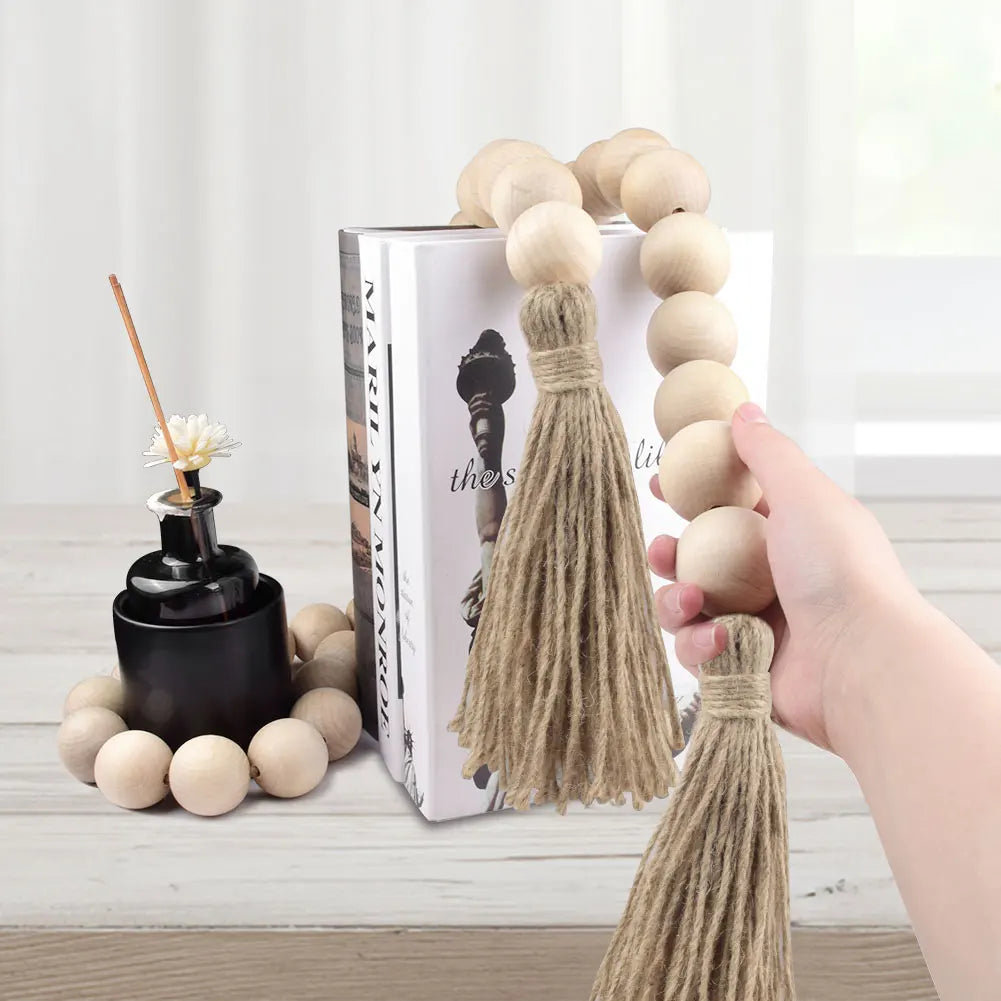 DIY Wood Bead Garland with Tassels Natural Rustic Wooden Prayer Boho Beads For wall hanging decor Vase Door Tiered Tray Decor