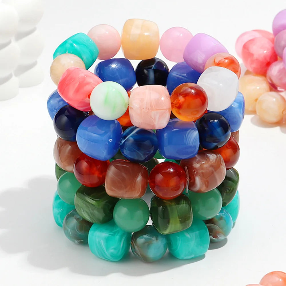 Bohemian Acrylic Geometric Square Round Beads Elastic Bracelets for Women Trendy Resin Beaded Stackable Bracelet Bangle Jewelry