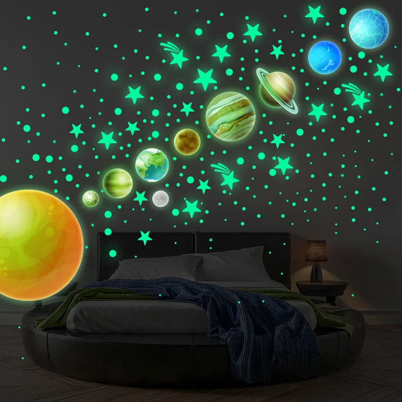 Tejesa Nine Planets Dot Star Night Light Stickers Bedroom Fluorescent Wall Decor
