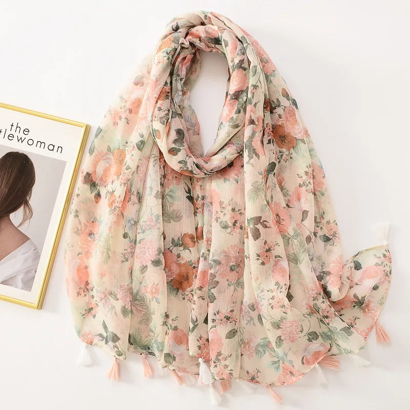 Tejesa Woman Shawl Fashion Design Tassel Cotton Scarf  /Floral Print Ladies Scarves