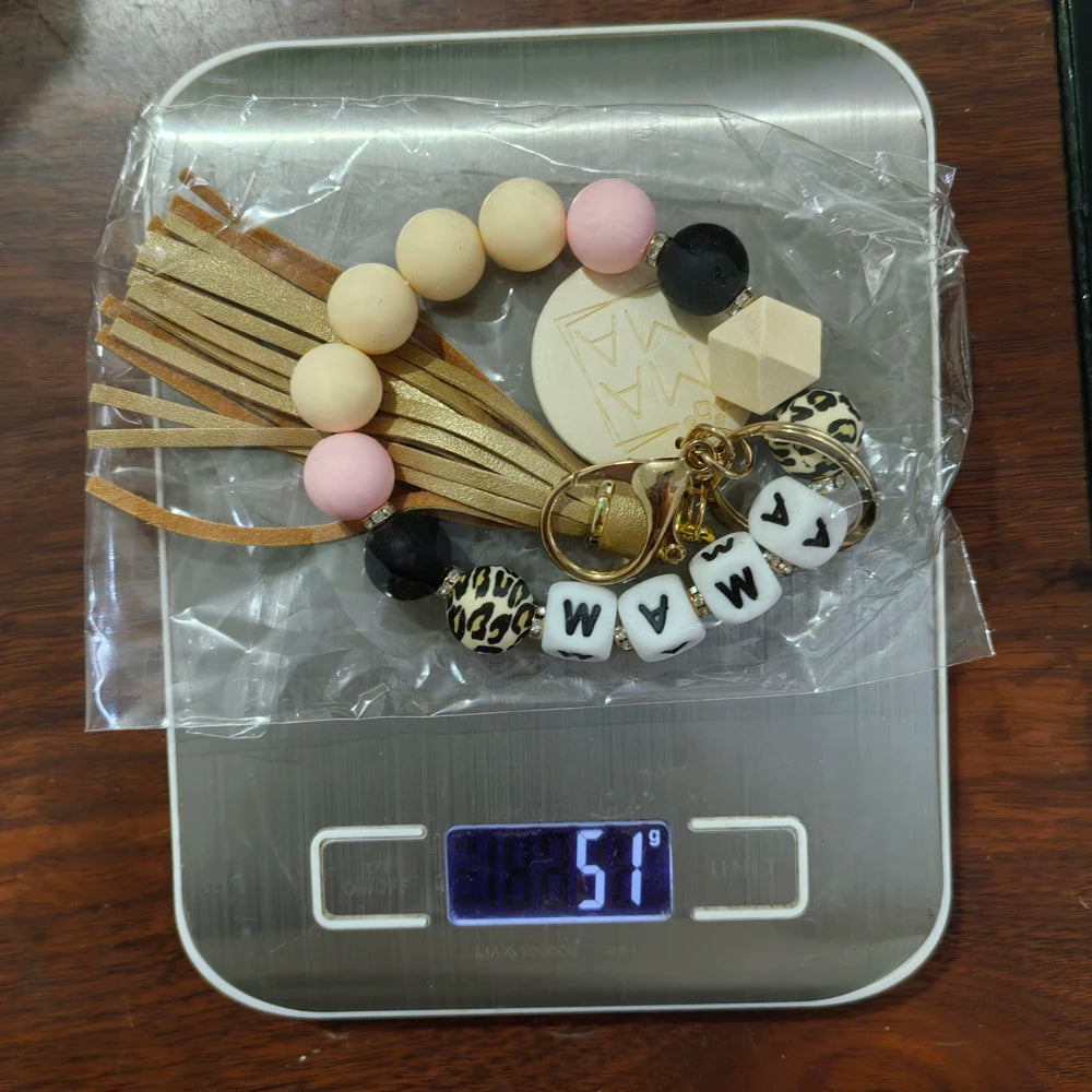 Fashion Round Wooden MAMA Pendant Tassel Keychain Silicone Ball Dice Woven Bag Charm Chain For Mother's Day gift