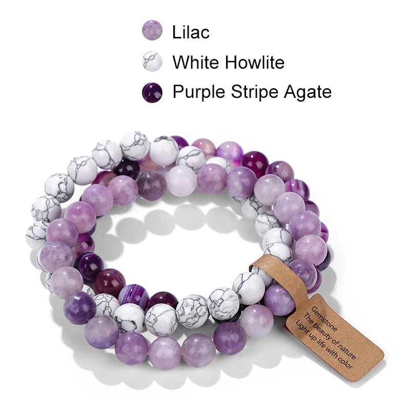 Hemasa  Cat Eye Beaded Bracelets 3Pcs/Set Natural Stone Amethyst Beads Bracelets Multicolor Stretch Bangle Women Yoga Wrist Jewelry