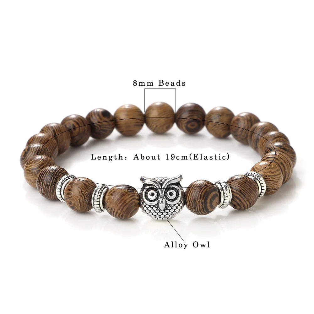 Hemasa  Owl Charm with  Natural Lava Stone Malachite Beads Couple Bracelets
